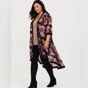 Torrid- Burnout Velvet Open Kimono Black Pink Floral Print - 3/4X - NWOT